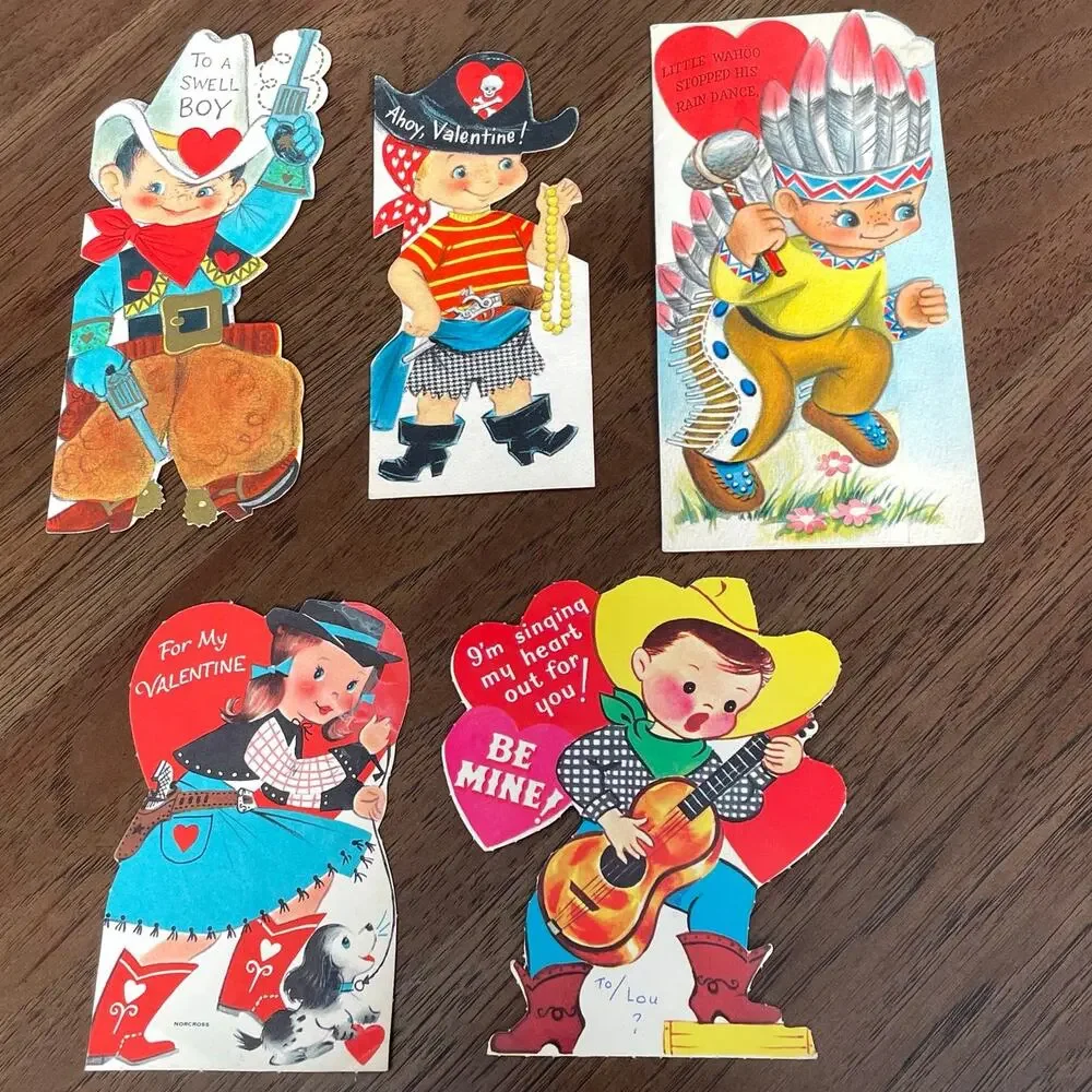 Vintage 1960's Valentine Card Die Cut Cowboy Western Indian Pirate Cowgirl USED